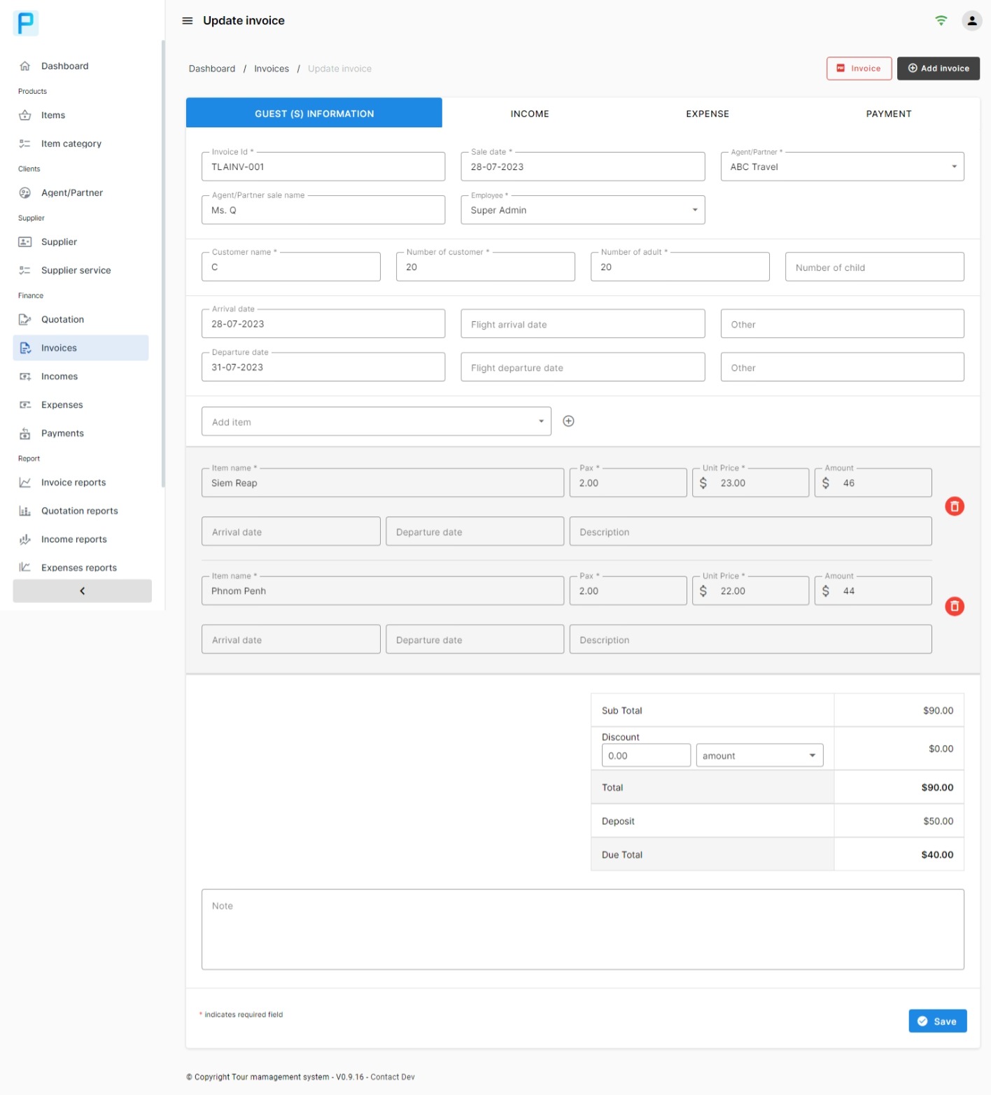 Tour Invoice